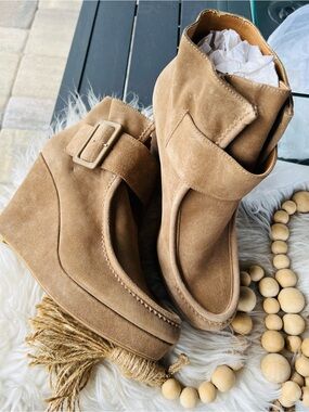 Nine West Tan Suede Buckle Wedge Booties